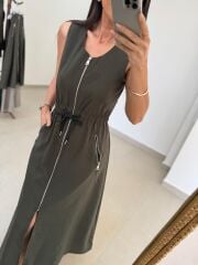 Nx 2835 Bel Bağlama Detaylı Fermuarlı Haki Elbise