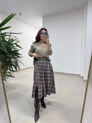 Ry 4228 Çift Kemer Detaylı Ekoseli Kahve Tasarım Etek