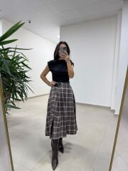 Ry 4228 Çift Kemer Detaylı Ekoseli Kahve Tasarım Etek