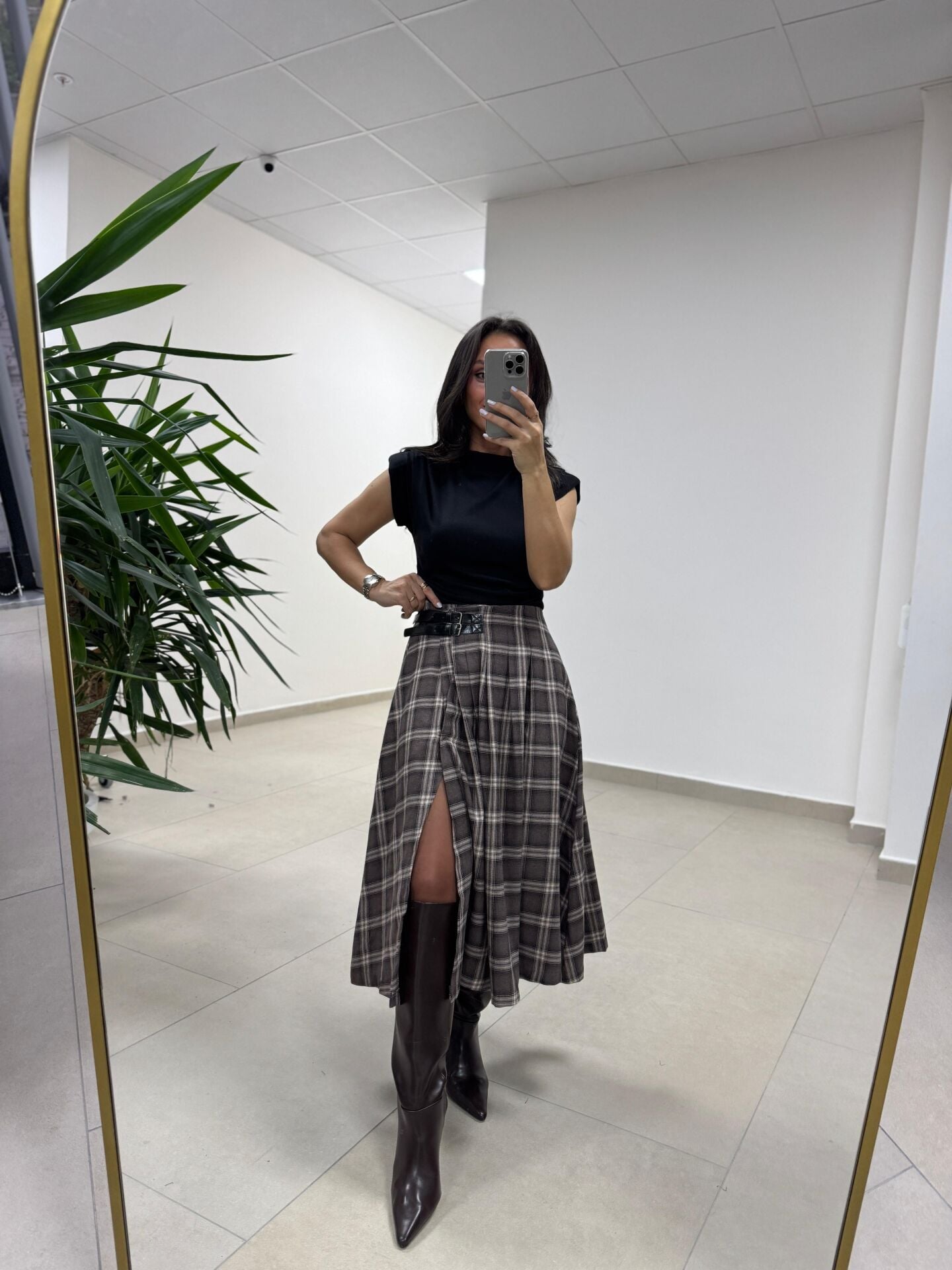 Ry 4228 Çift Kemer Detaylı Ekoseli Kahve Tasarım Etek