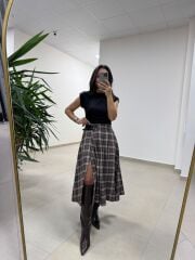 Ry 4228 Çift Kemer Detaylı Ekoseli Kahve Tasarım Etek