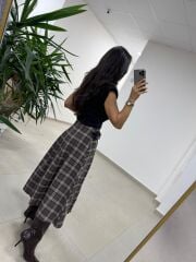 Ry 4228 Çift Kemer Detaylı Ekoseli Kahve Tasarım Etek