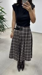 Ry 4228 Çift Kemer Detaylı Ekoseli Kahve Tasarım Etek