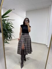 Ry 4228 Çift Kemer Detaylı Ekoseli Kahve Tasarım Etek