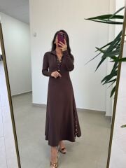 Bt 112087 Bronz Çıtçıtlı Yakalı Kahve Modal Elbise