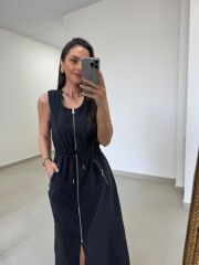Nx 2835 Bel Bağlama Detaylı Fermuarlı Siyah Elbise