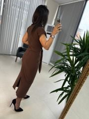 My 3582 Omuz Vatkalı Kahve Bağlamalı Elbise