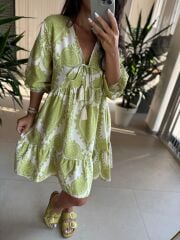 Bb 30195 Bohem Olive Floş Keten Elbise