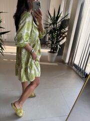Bb 30195 Bohem Olive Floş Keten Elbise