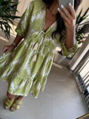 Bb 30195 Bohem Olive Floş Keten Elbise