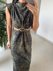 My 3840 Süet Dokulu Bel Dekolteli Yeşil Leo Elbise