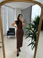 My 3582 Omuz Vatkalı Kahve Bağlamalı Elbise