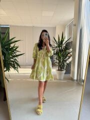 Bb 30195 Bohem Olive Floş Keten Elbise