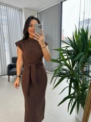 My 3582 Omuz Vatkalı Kahve Bağlamalı Elbise