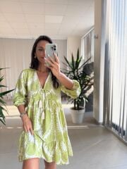 Bb 30195 Bohem Olive Floş Keten Elbise
