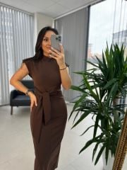 My 3582 Omuz Vatkalı Kahve Bağlamalı Elbise