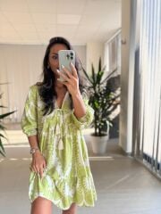 Bb 30195 Bohem Olive Floş Keten Elbise