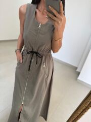 Nx 2835 Bel Bağlama Detaylı Fermuarlı Vizon Elbise