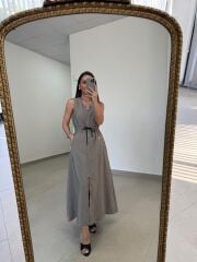 Nx 2835 Bel Bağlama Detaylı Fermuarlı Vizon Elbise