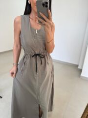 Nx 2835 Bel Bağlama Detaylı Fermuarlı Vizon Elbise