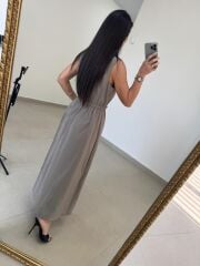 Nx 2835 Bel Bağlama Detaylı Fermuarlı Vizon Elbise