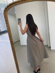 Nx 2835 Bel Bağlama Detaylı Fermuarlı Vizon Elbise