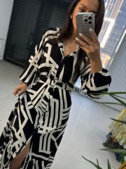 My 3388 Cream Black Belted Dress