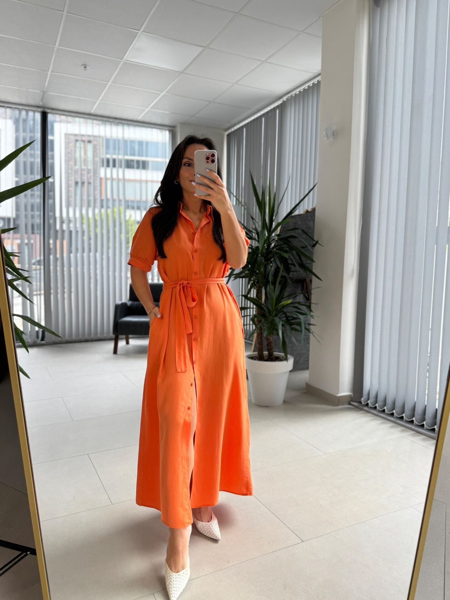 Cr 1005 Turuncu Kısa Kol Gömlek Elbise