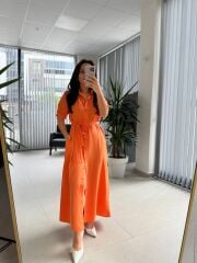 Cr 1005 Turuncu Kısa Kol Gömlek Elbise