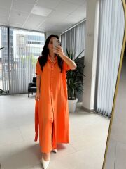 Cr 1005 Turuncu Kısa Kol Gömlek Elbise