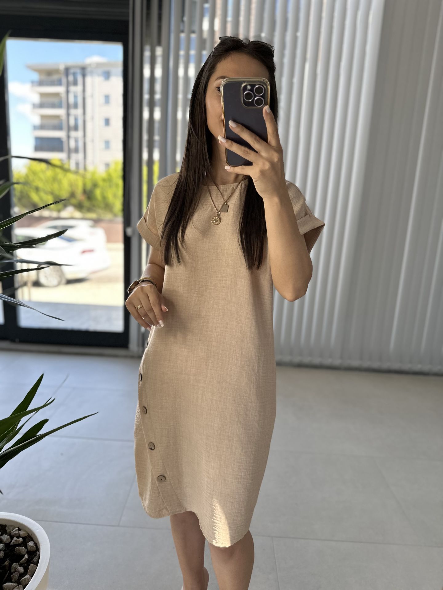 Orj marka yan düğmeli floş keten elbise