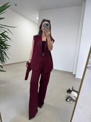 Art 4016 Keten Kuşak Detaylı Mürdüm Yelekli Takım