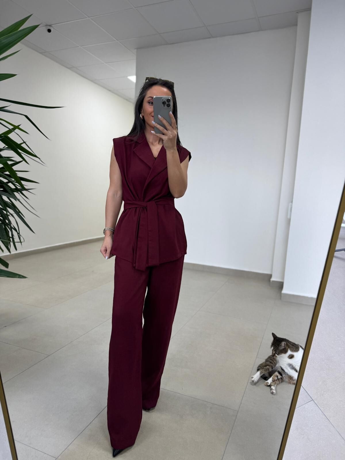 Art 4016 Keten Kuşak Detaylı Mürdüm Yelekli Takım