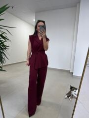 Art 4016 Keten Kuşak Detaylı Mürdüm Yelekli Takım