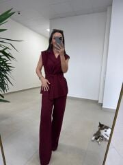 Art 4016 Keten Kuşak Detaylı Mürdüm Yelekli Takım