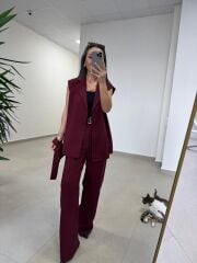 Art 4016 Keten Kuşak Detaylı Mürdüm Yelekli Takım