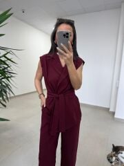 Art 4016 Keten Kuşak Detaylı Mürdüm Yelekli Takım