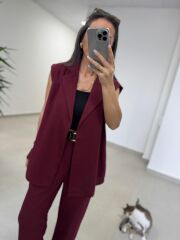 Art 4016 Keten Kuşak Detaylı Mürdüm Yelekli Takım