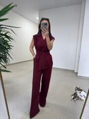 Art 4016 Keten Kuşak Detaylı Mürdüm Yelekli Takım