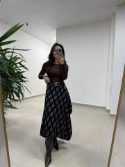 Ms 227 Anvelop Detaylı Siyah Desenli Tasarım Etek