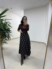 Ms 227 Anvelop Detaylı Siyah Desenli Tasarım Etek