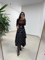 Ms 227 Anvelop Detaylı Siyah Desenli Tasarım Etek