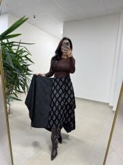 Ms 227 Anvelop Detaylı Siyah Desenli Tasarım Etek