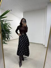 Ms 227 Anvelop Detaylı Siyah Desenli Tasarım Etek