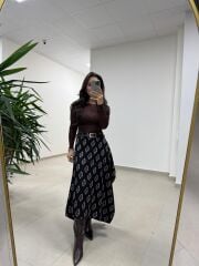 Ms 227 Anvelop Detaylı Siyah Desenli Tasarım Etek