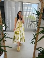 My 3507 V Yaka Yağ Yeşili Pamuk Keten Elbise