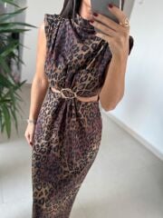 My 3840 Süet Dokulu Bel Dekolteli Kahve Leo Elbise