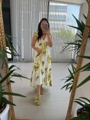 My 3507 V Yaka Yağ Yeşili Pamuk Keten Elbise