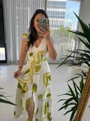 My 3507 V Yaka Yağ Yeşili Pamuk Keten Elbise