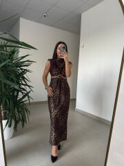 My 3840 Süet Dokulu Bel Dekolteli Kahve Leo Elbise